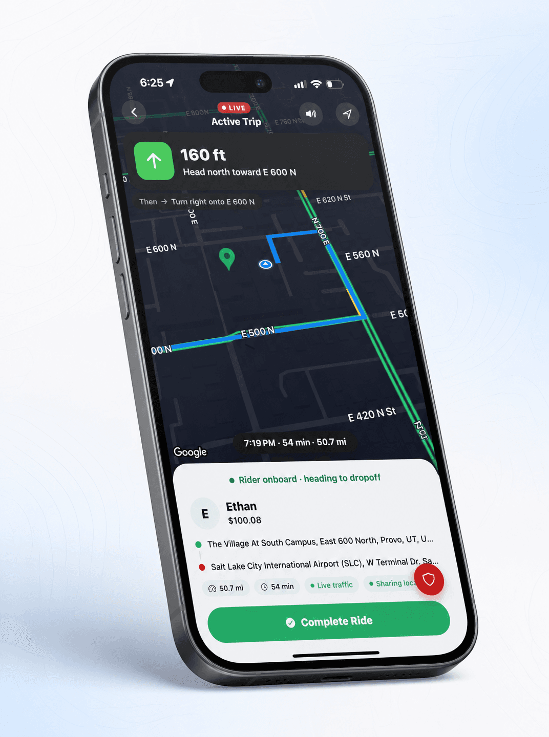 Driver app live navigation — dark mode, rider onboard, live route, Complete Ride button.