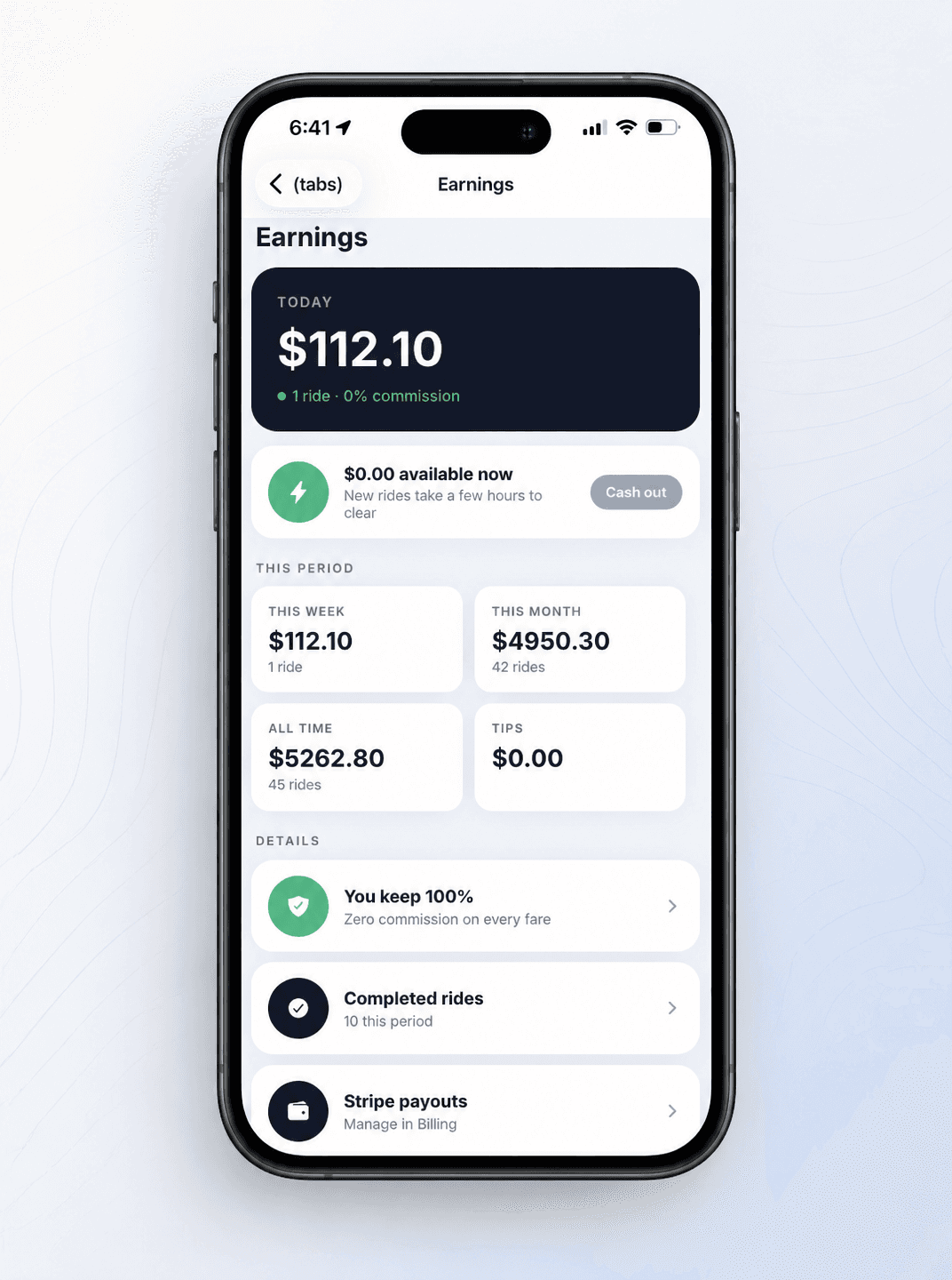 Driver app Earnings screen — TODAY $112, THIS WEEK $112, THIS MONTH $4,950.