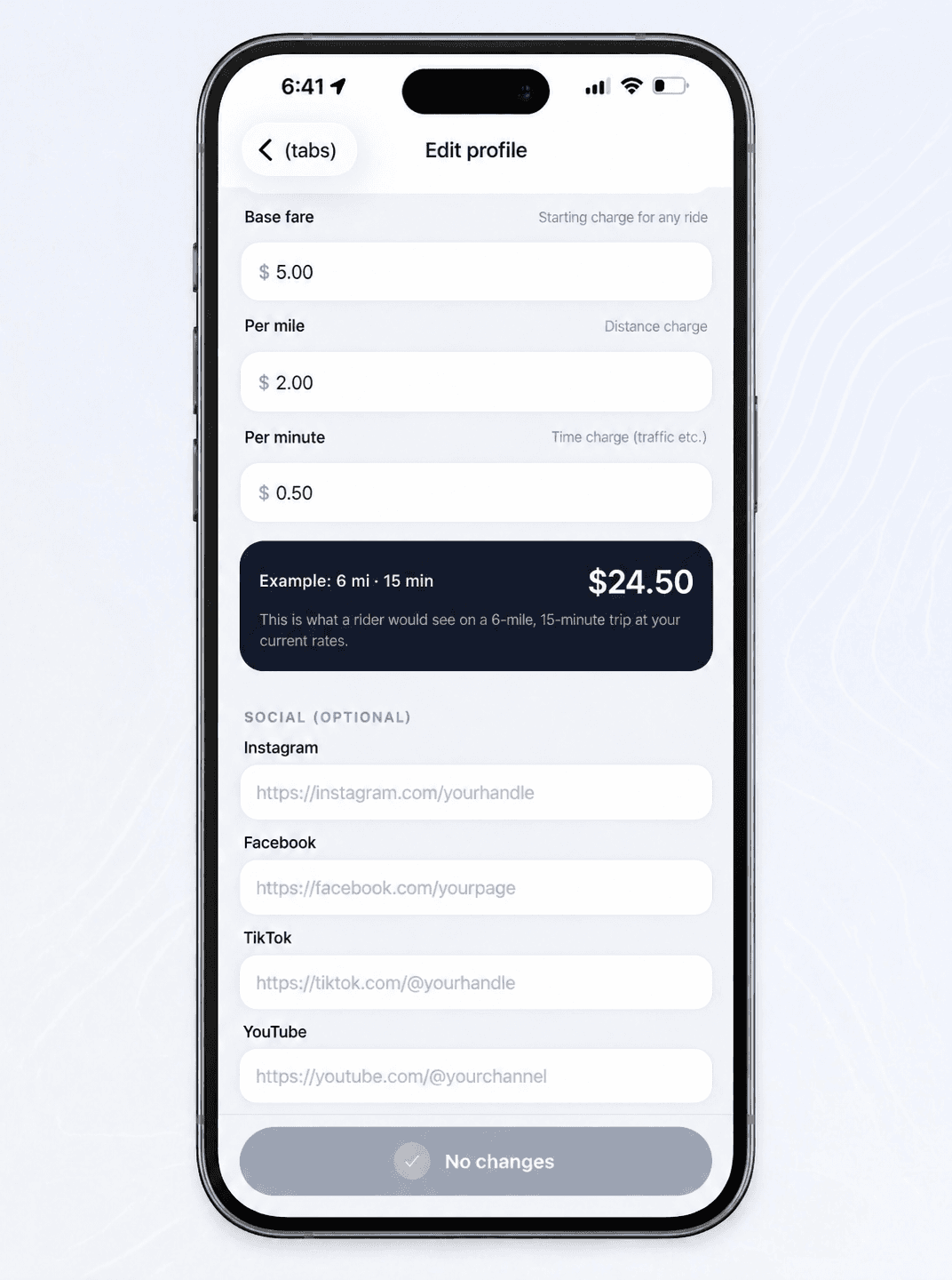 Driver app Fair Fare rate editor — Base $5 · Per mile $2 · Per minute $0.50.