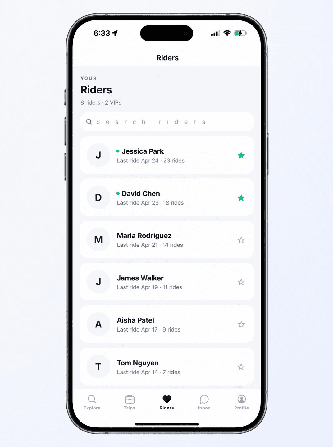 Driver app Riders tab — 8 riders, 2 VIPs, ride counts, last-ride dates.