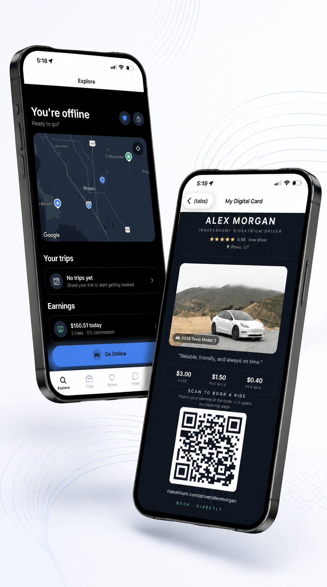 RideAtrium driver app — Explore tab showing $150.51 today at 0% commission, alongside the digital business card with QR for direct rider booking.