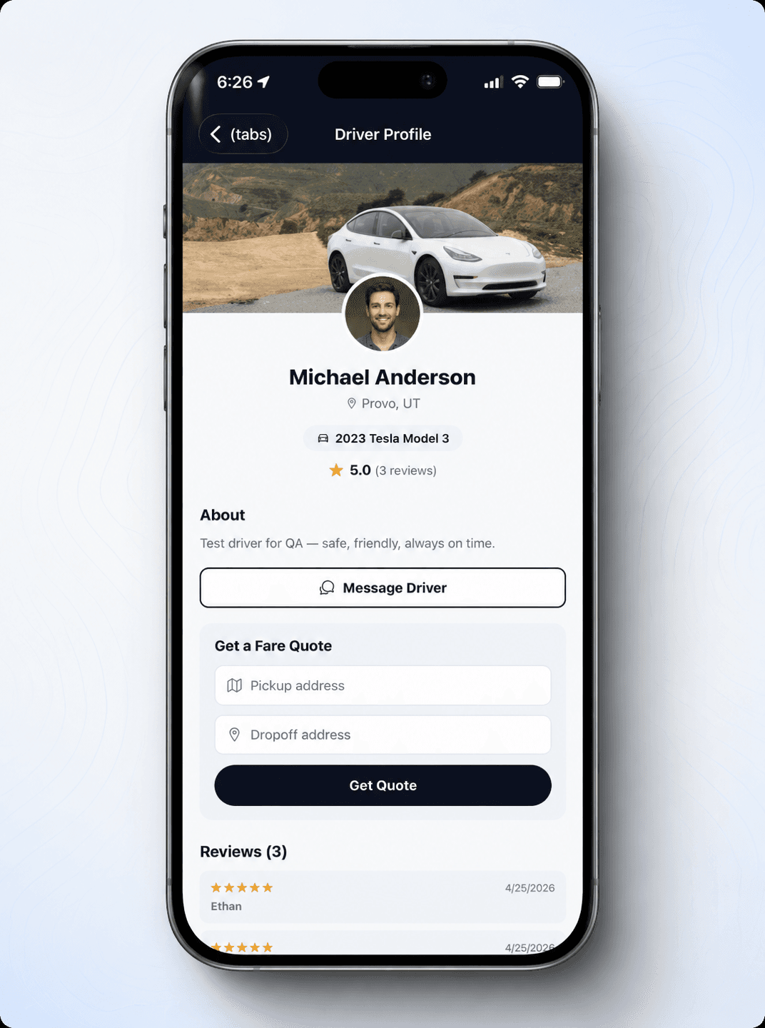 Driver's booking page on rideatrium.com/your-name — photo, car, rates, Get Quote form.