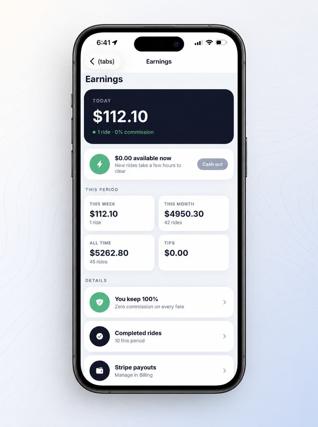 RideAtrium earnings dashboard showing weekly and monthly fare totals
