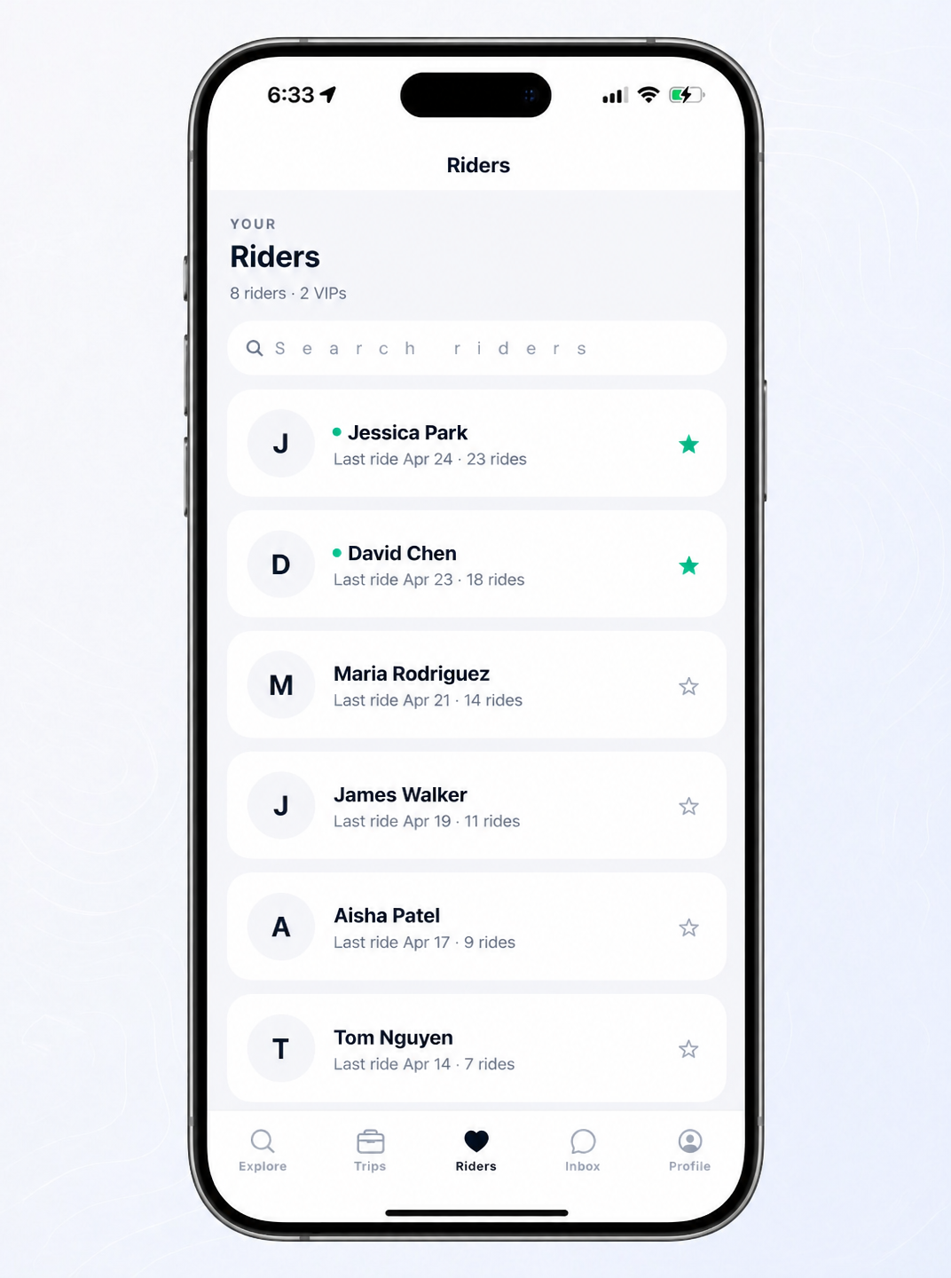 RideAtrium driver app showing list of repeat riders with notes