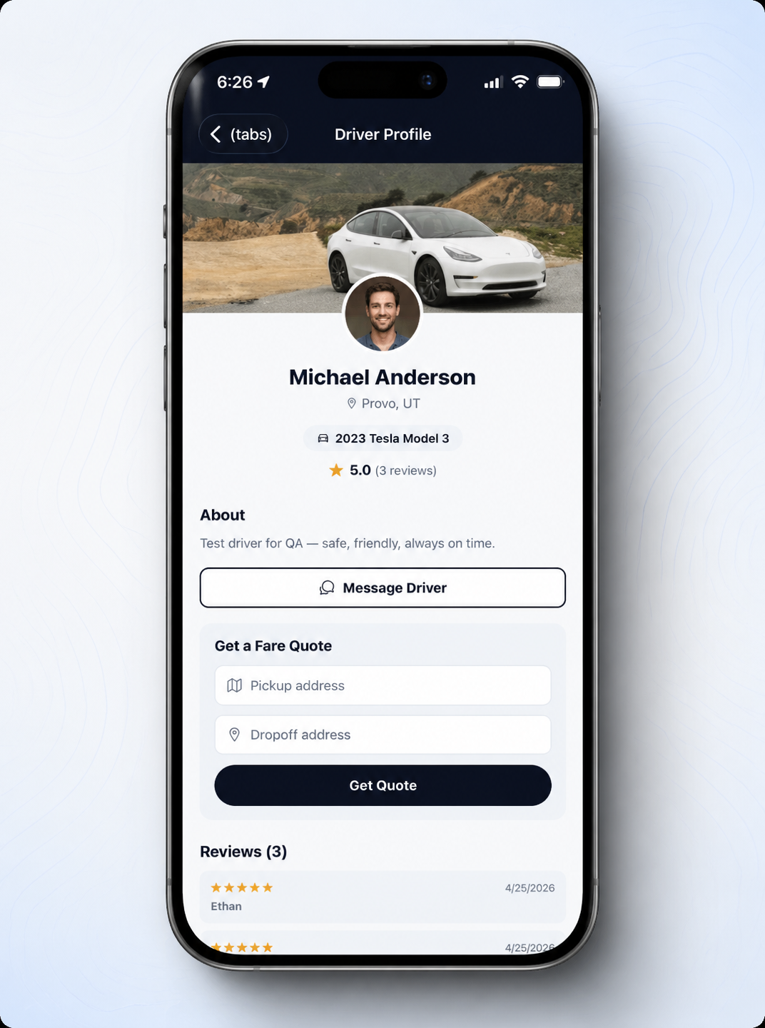 A rider's view of a driver's personal RideAtrium booking page